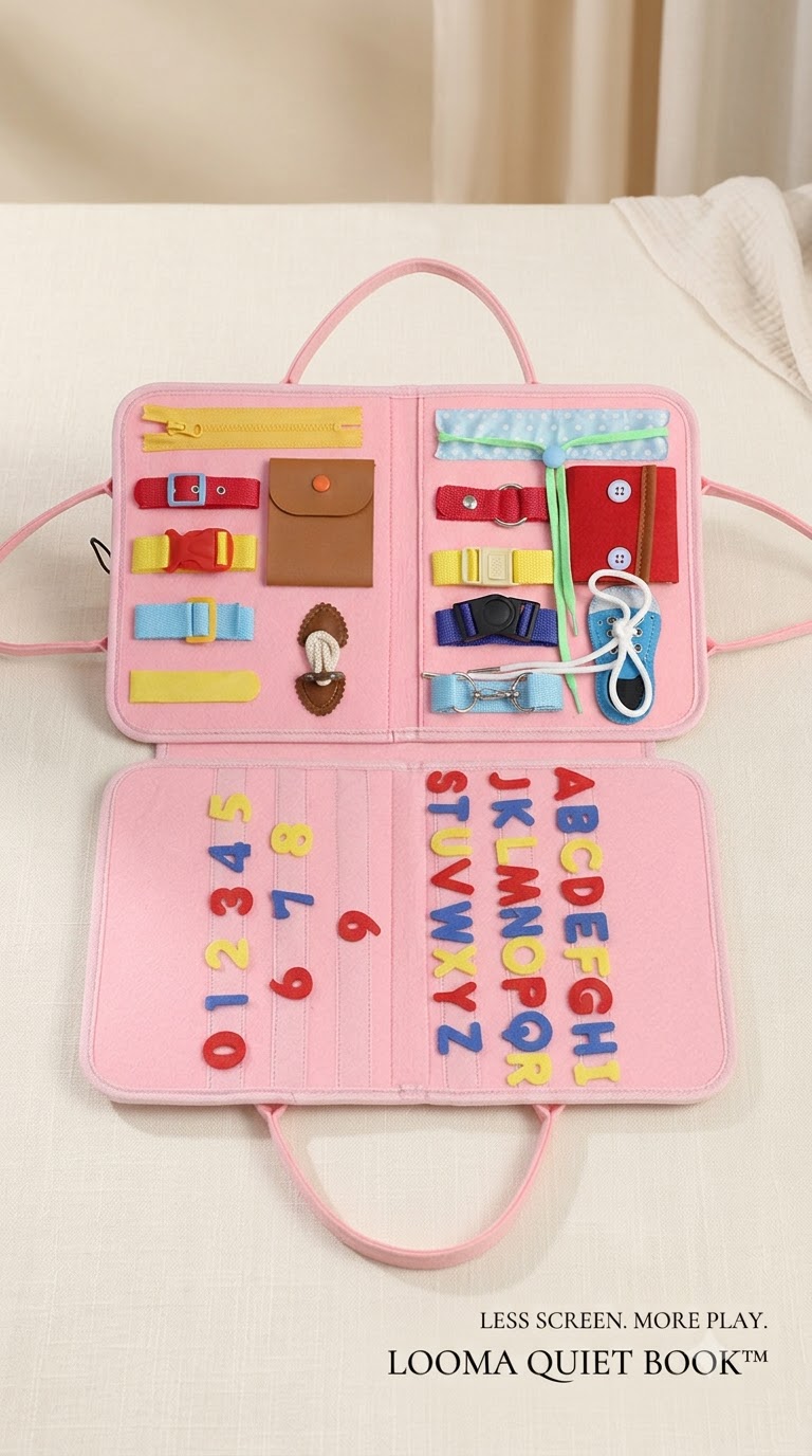 LOOMA Quiet Book open with hands-on dressing, fastening, matching, letters and numbers activities