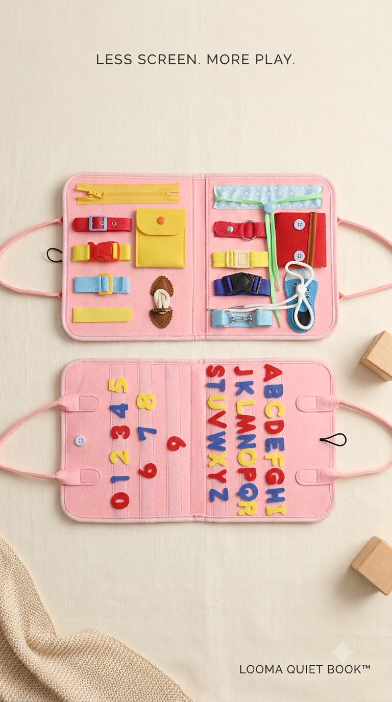 LOOMA Quiet Book open on warm neutral background showing interactive activities