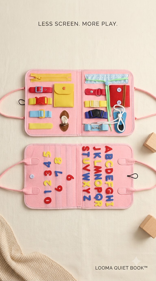 LOOMA Quiet Book open on warm neutral background showing interactive activities