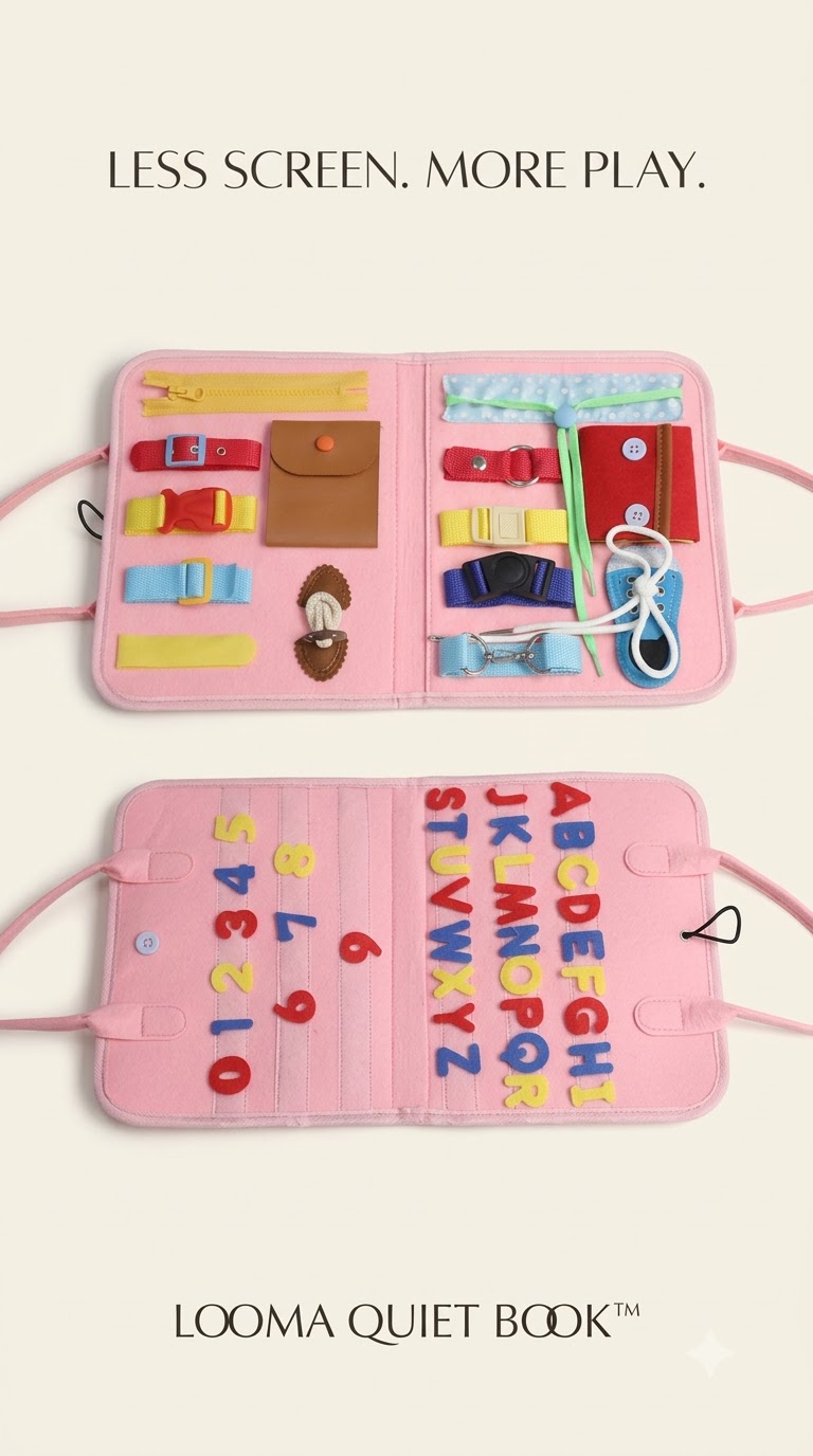 LOOMA Quiet Book product detail showing interactive fastening and early-learning activities